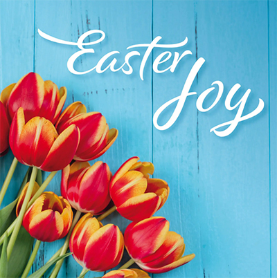 Easter Joy card with red and yellow flowers